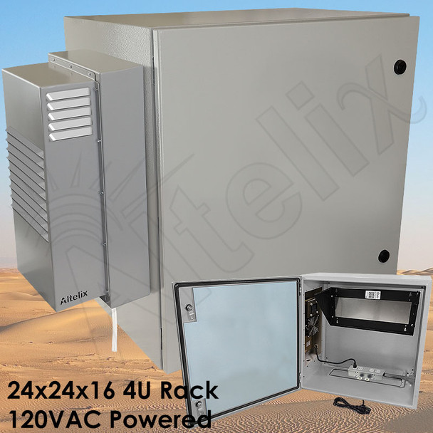 Altelix Air Conditioned Enclosure with Heat and 4U Vertical Equipment Rack - 24x24x16 Steel Weatherproof NEMA 4X Rated with 120VAC Power Outlets