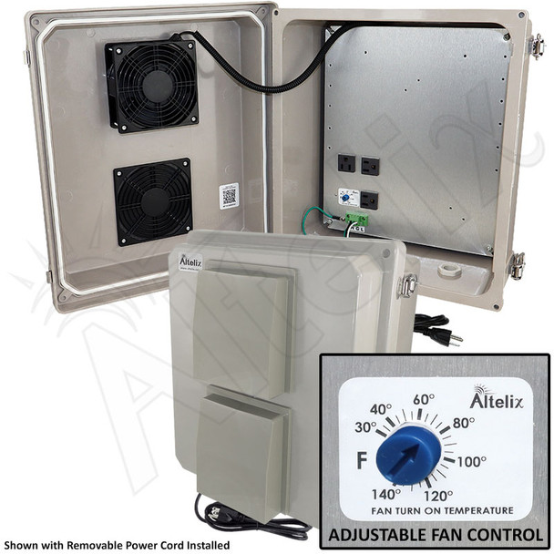 Altelix 14x12x8 Fiberglass Weatherproof Vented NEMA Enclosure with Adjustable Cooling Fan, 120 VAC Outlets & Power Cord