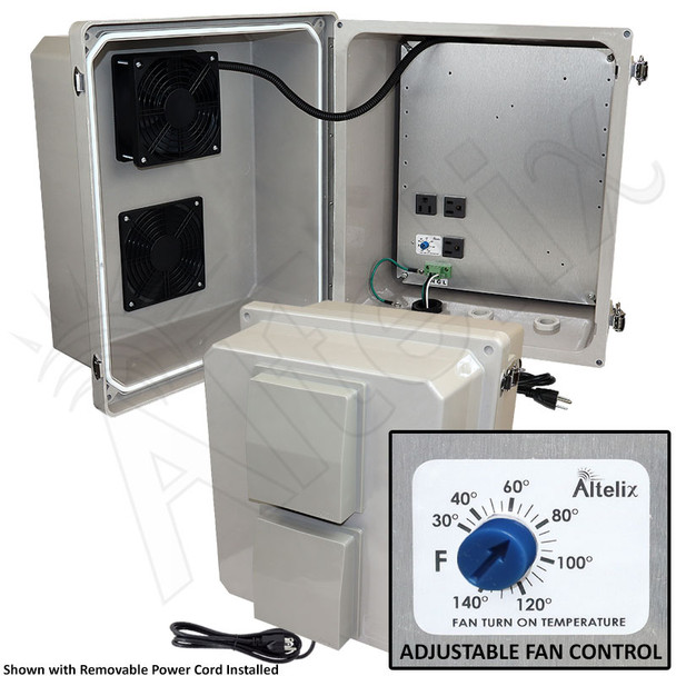 Altelix 14x12x10 Fiberglass Weatherproof Vented NEMA Enclosure with Adjustable Cooling Fan, 120 VAC Outlets & Power Cord