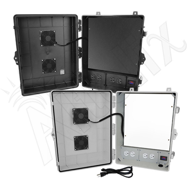 Altelix 17x14x7 Polycarbonate + ABS Vented RF Transparent Outdoor WiFi Enclosure with No-Drill PVC Equipment Mounting Plate, 120 VAC Outlets, Power Cord & Cooling Fan with Digital Temperature Controller
