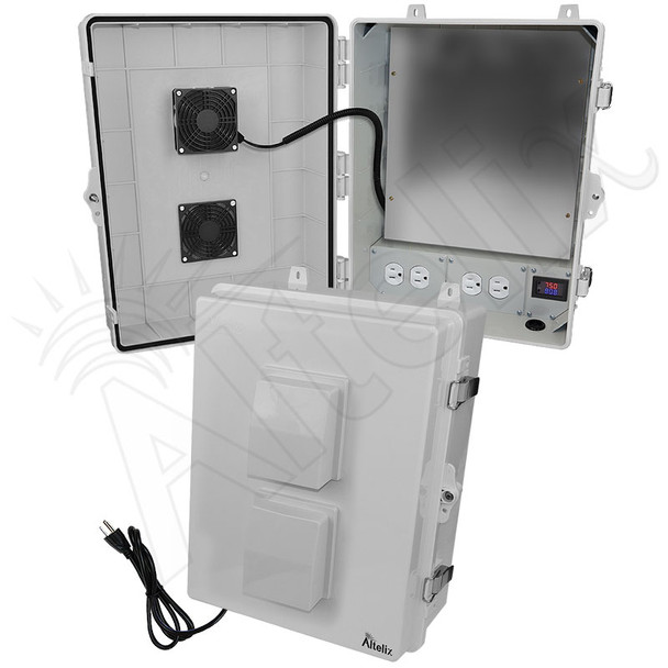 Altelix 17x14x7 Polycarbonate + ABS Vented Enclosure with Aluminum Equipment Mounting Plate, 120 VAC Outlets, Power Cord & Cooling Fan with Digital Temperature Controller