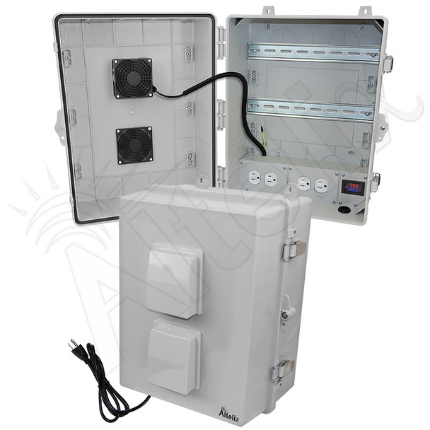 Altelix 17x14x9 Polycarbonate + ABS Vented DIN Rail Enclosure with 120 VAC Outlets, Power Cord & Cooling Fan with Digital Temperature Controller