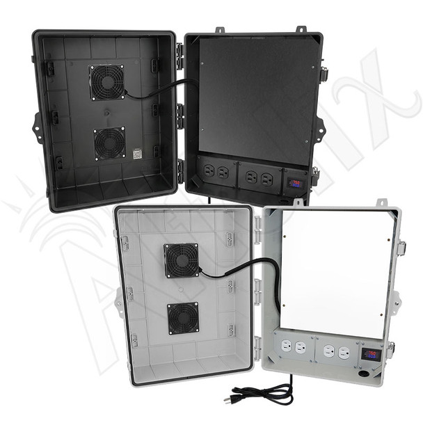 Altelix 17x14x9 Polycarbonate + ABS Vented RF Transparent Outdoor WiFi Enclosure with No-Drill PVC Equipment Mounting Plate, 120 VAC Outlets, Power Cord & Cooling Fan with Digital Temperature Controller