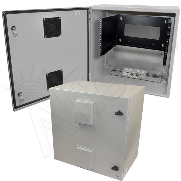 Altelix 24x24x16 Steel Weatherproof NEMA Enclosure with Heavy Duty 19" Wide Adjustable 6U Rack Frame, Dual Door Mounted Vents, Dual 120 VAC Duplex Outlets and Power Cord