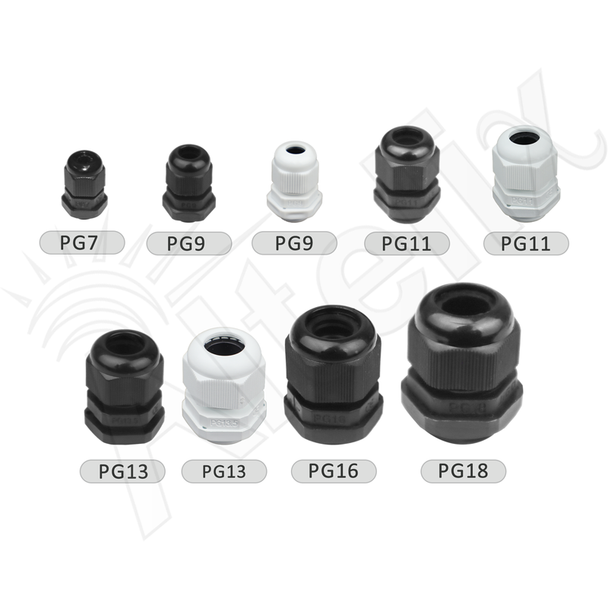 Altelix IP68 single cable gland with installed cable on white background