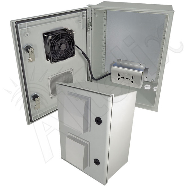 Altelix 16x12x8 Vented Fiberglass Weatherproof NEMA Enclosure with 100-240 VAC Universal Power Outlet & Cooling Fan