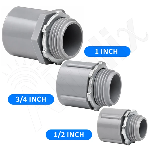 Altelix PVC conduit male terminal adapters in 1/2", 3/4", and 1" trade sizes with NPT-compatible threads and slip-fit connections