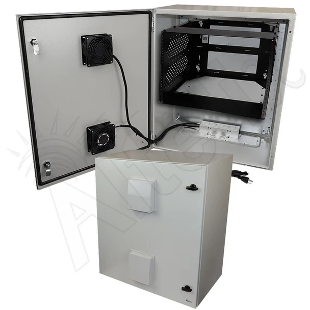 Altelix 28x24x16 Steel Weatherproof NEMA Enclosure with 19" Wide 8U Adjustable Rack Frame, Dual Door Mounted Cooling Fans, Dual 120 VAC Duplex Outlets and Power Cord
