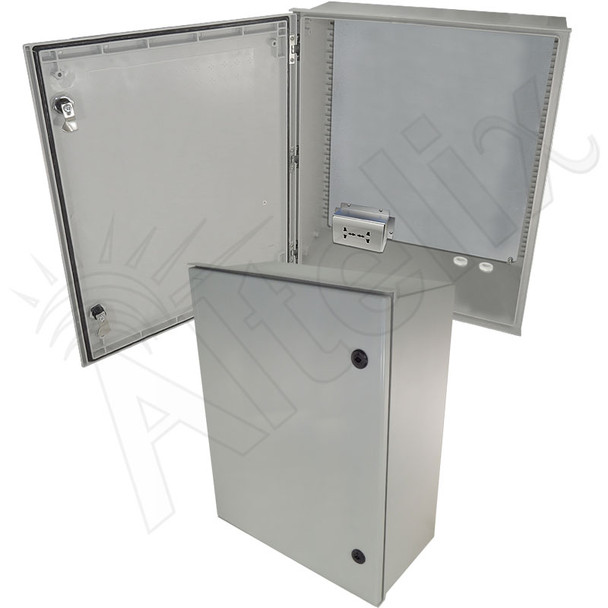 Altelix 24x20x9 NEMA 4X Fiberglass Weatherproof Enclosure with Equipment Mounting Plate & 100-240 VAC Universal Power Outlet