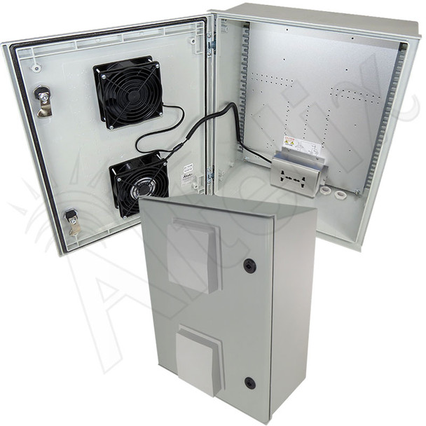 Altelix 20x16x8 Vented Fiberglass Weatherproof NEMA Enclosure with 100-240 VAC Universal Power Outlet & Dual Cooling Fans