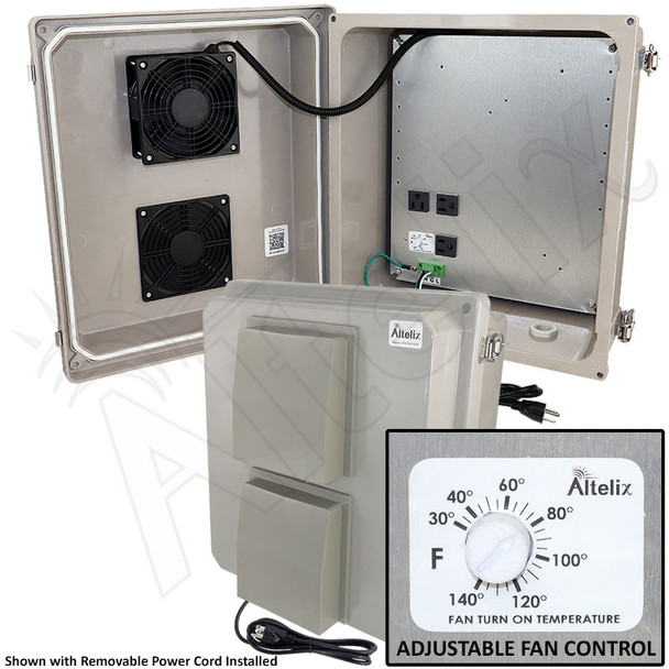 Altelix 14x12x8 Fiberglass Vented Weatherproof NEMA Enclosure with Cooling Fan, 120 VAC Outlets & Power Cord