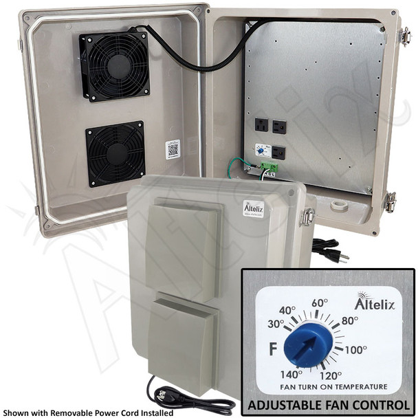 Altelix 14x12x8 Fiberglass Vented Weatherproof NEMA Enclosure with Cooling Fan, 120 VAC Outlets & Power Cord