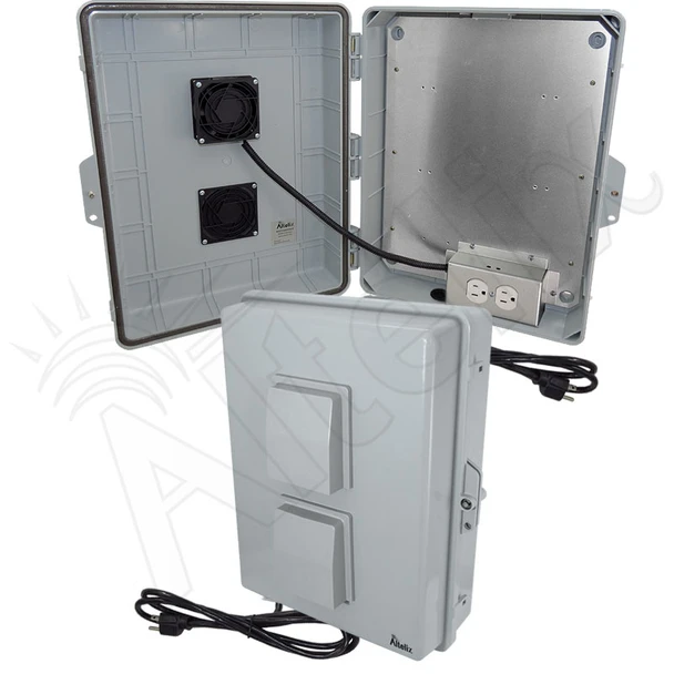 Altelix 17x14x6 Polycarbonate + ABS Vented Fan Cooled Weatherproof NEMA Enclosure with Aluminum Mounting Plate, 120 VAC Outlets and Power Cord