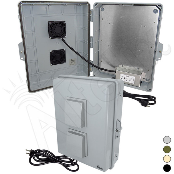 Altelix 17x14x6 Polycarbonate + ABS Vented Fan Cooled Weatherproof NEMA Enclosure with Aluminum Mounting Plate, 120 VAC Outlets, (2) USB Ports and Power Cord