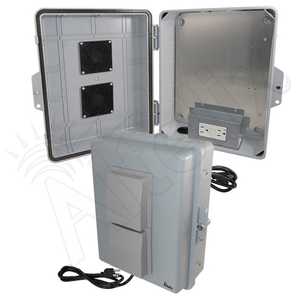 Altelix 14x11x5 Polycarbonate + ABS Vented Weatherproof NEMA Enclosure with Aluminum Mounting Plate, 120 VAC GFCI Outlets and Power Cord