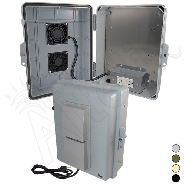 Altelix 14x11x5 Polycarbonate + ABS Vented Fan Cooled Weatherproof NEMA Enclosure with Aluminum Mounting Plate, 120 VAC GFCI Outlets & Power Cord