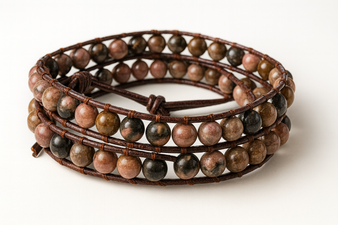 rhodochrosite bracelet worn by woman