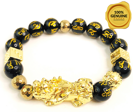 Feng Shui obsidian gold-plated Pixiu bracelet for windfall & gambling luck