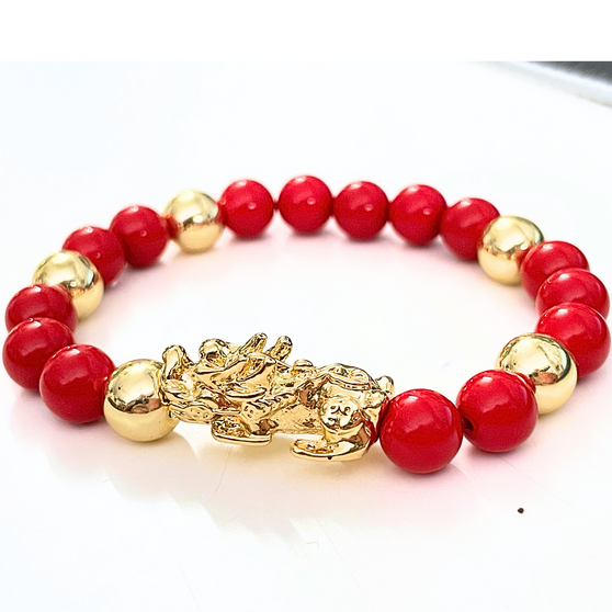 Feng Shui wealth bracelet with gold plated pixiu amulet and vibrant read beads