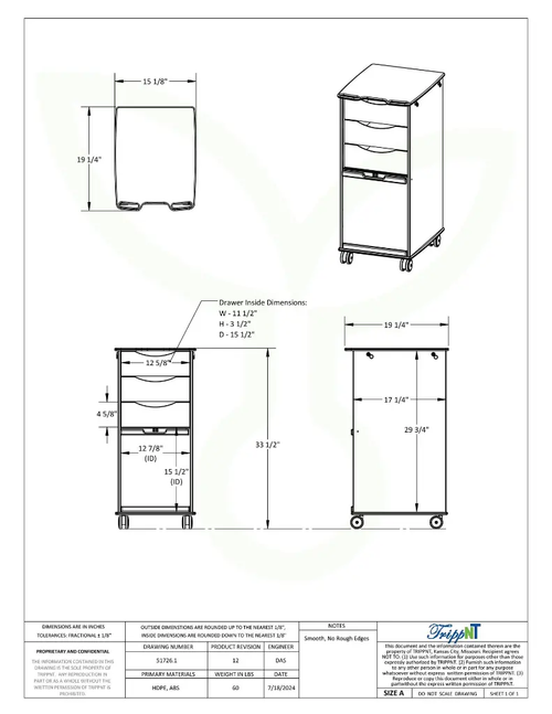 TrippNT MRI, White Polyethylene Core Space Saving Lab Cart, 15" x 33" x 19"