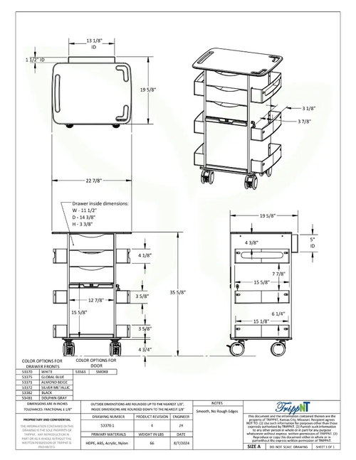 TrippNT Polyethylene Medical Cart w/ White Base and Black Sliding Door