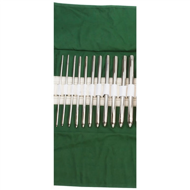 Miltex Set of 7-1/4" Hegar Uterine Dilators - Single End - Set of 14: Sizes 4mm to 17mm In Kahki Roll