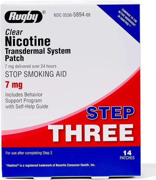 Rugby Clear Nicotine Transdermal System Patch 7 mg. Step Three (Box of 14 Patches)