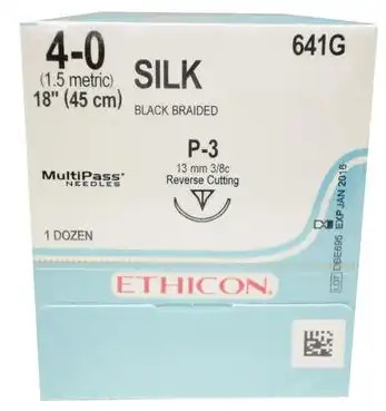 Ethicon 641G Perma-Hand Silk Sutures Precision Point Reverse Cutting Size 4-0 Black 18" Braided Needle P-3, 3/8 Circle (Box of 12)