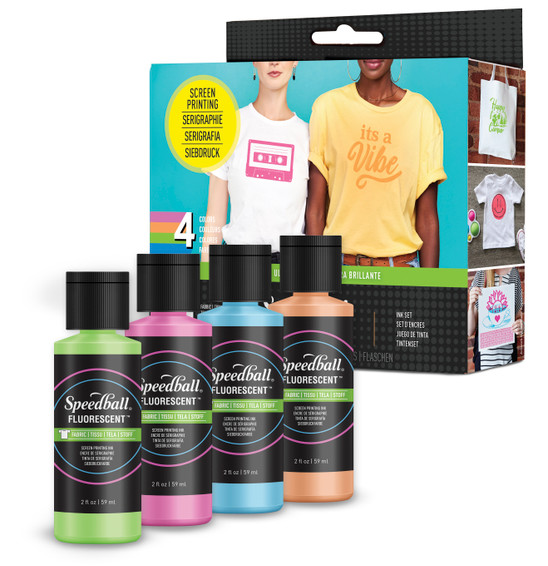 Box with 4 screen printing ink bottles in front of it in fluorescent colors