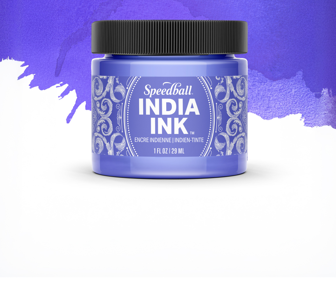 Jar of bright purple calligraphy ink with a background of the purple ink spreading across white paper.