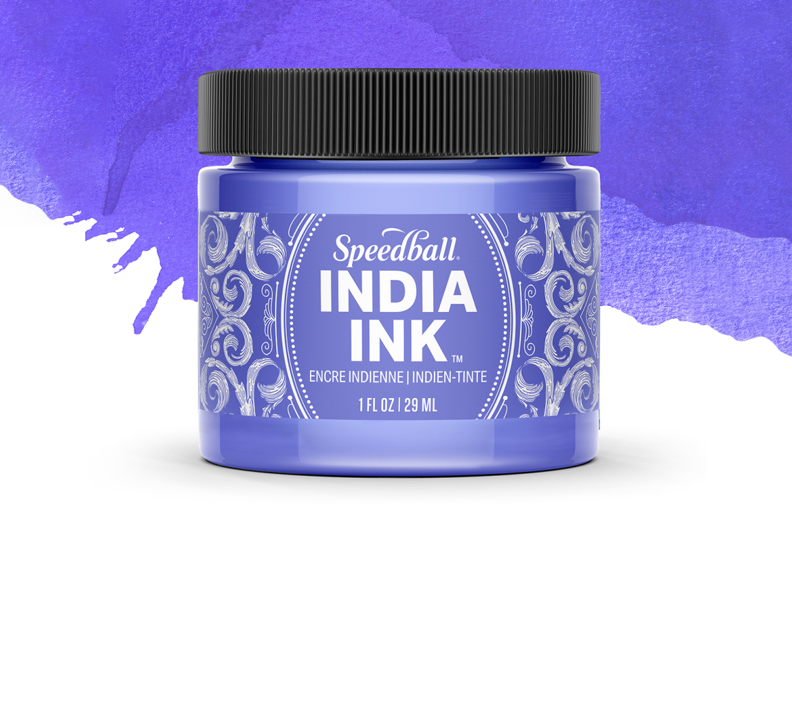 Jar of bright purple calligraphy ink with a background of the purple ink spreading across white paper.