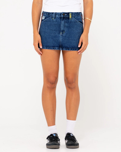 RUSTY LADIES FLIP MOMMY LOW RISE MINI DENIM SKIRT - DEEP SEA BLUE / RED GOLD RUSTY LADIES FLIP MOMMY LOW RISE MINI DENIM SKIRT - DEEP SEA BLUE / RED GOLD