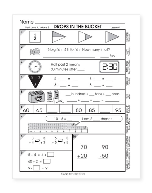 Sample page from Drops in the Bucket Math Book 6 showing daily spiral review for 1st grade math skills