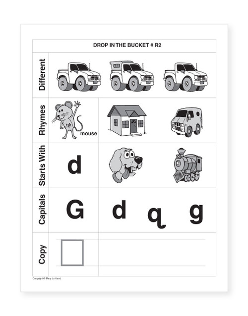 Sample page from MH-106E Digital Drops in the Bucket Reading Level R featuring daily literacy activities including letter recognition, beginning sounds, rhyming, and early reading practice.