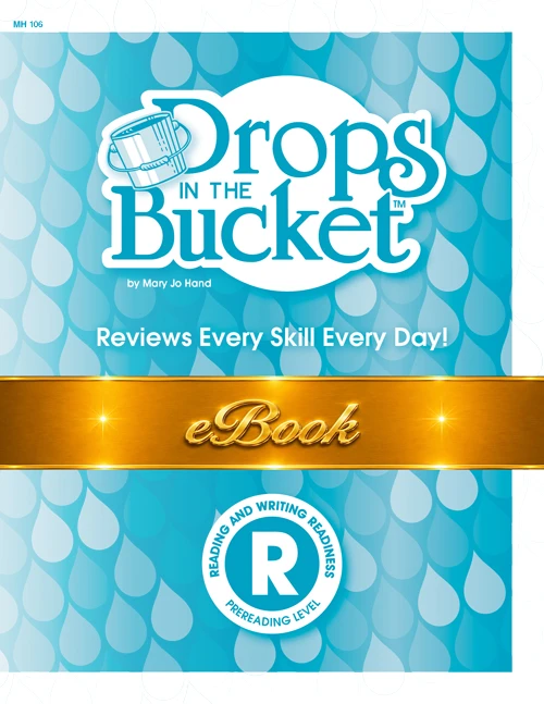 MH-106E Digital Drops in the Bucket Reading Level R printable teacher resource with cover showing daily literacy practice for PreK and Kindergarten students.