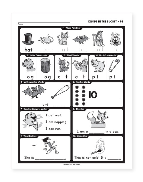 Sample page from MH-107E Digital Drops in the Bucket Reading Level P featuring initial and final consonants, short and long vowels, reading comprehension, rhyming, and word endings.
