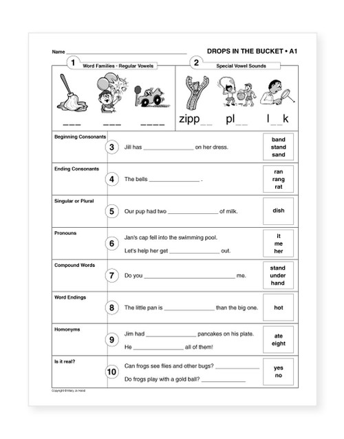 Sample page from MH-101E Digital Drops in the Bucket Reading Level A featuring word families, beginning and ending consonants, special vowel sounds, pronouns, compound words, homonyms, and reading skills practice.