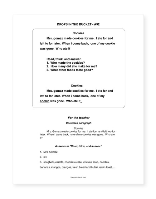 Second sample page from MH-101E Digital Drops in the Bucket Reading Level A showing printable literacy worksheets with phonics, grammar, vocabulary, sentence skills, and reading comprehension activities.