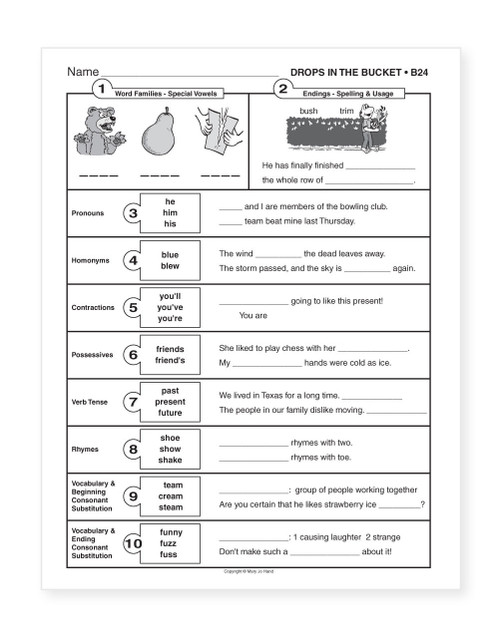 Sample page from MH-102E Digital Drops in the Bucket Reading Level B featuring syllables, possessives, punctuation, capitalization, grammar, pronouns, verb tense, contractions, and reading comprehension activities.