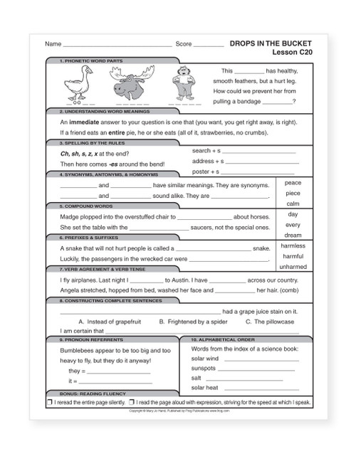 Sample page from MH-103E Digital Drops in the Bucket Reading Level C featuring affixes, phrases, punctuation, capitalization, grammar, compound words, and reading comprehension activities.