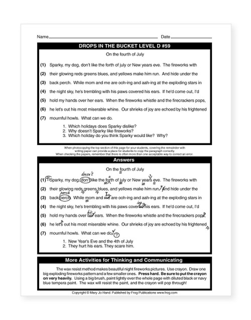 Second sample page from MH-105E Digital Drops in the Bucket Reading Level D showing printable literacy worksheets with story editing, fact or opinion, root words, adjectives and adverbs, prefixes and suffixes, vocabulary, and comprehension practice.