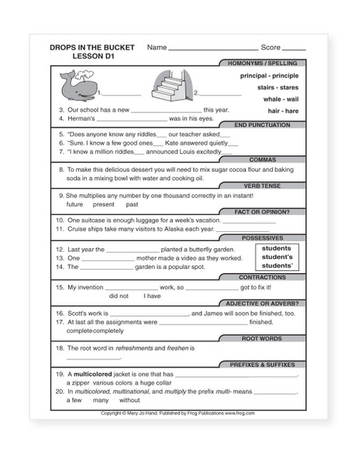Sample page from MH-105E Digital Drops in the Bucket Reading Level D featuring affixes, possessives, punctuation, homonyms, grammar, commas, verb tense, contractions, and reading comprehension activities.
