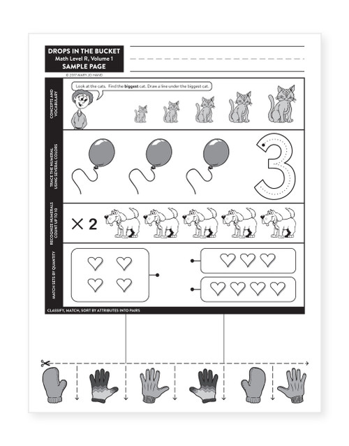 Sample page from MH-2001E Digital Drops in the Bucket Math Book 1 featuring numeral tracing, counting objects, matching sets, number recognition, and early math vocabulary for PreK and Kindergarten.