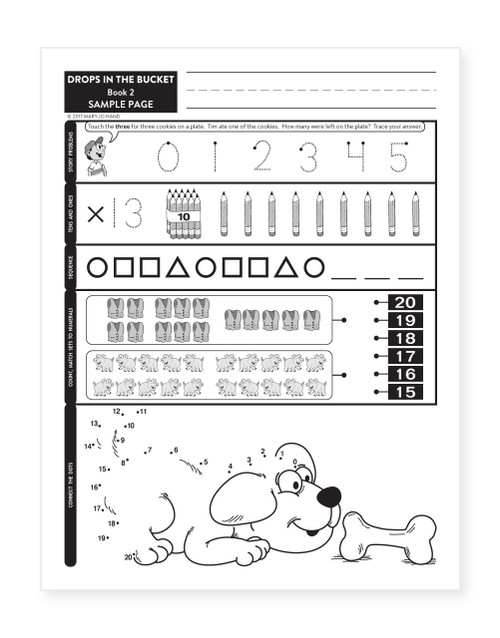 Second sample page from MH-2002E Digital Drops in the Bucket Math Book 2 showing printable activities for story problems, tens and ones, counting, matching sets to numerals, connect-the-dots, and number sequences.