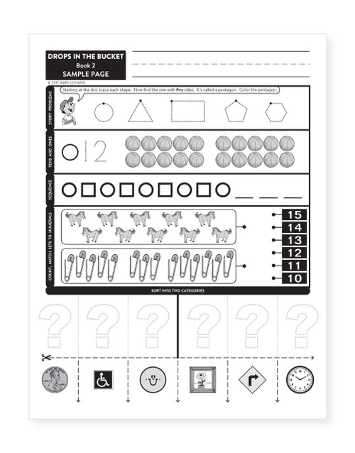 Sample page from MH-2002E Digital Drops in the Bucket Math Book 2 featuring shape recognition, geometry, numeral sequencing, counting, and tracing numbers 0–20.