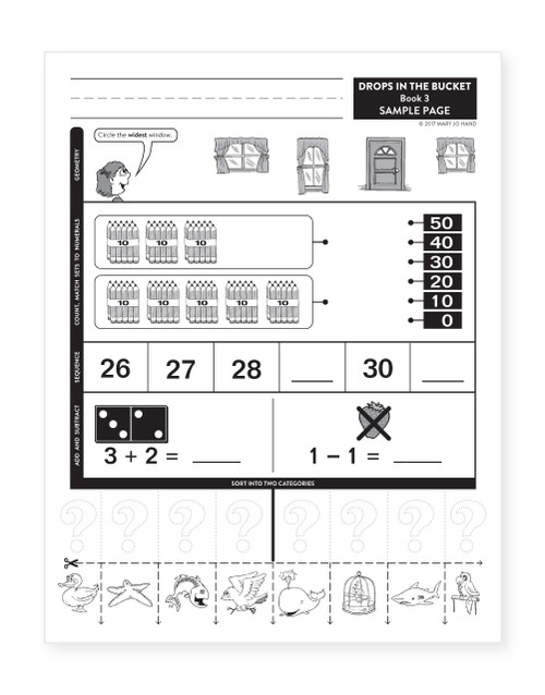Sample page from MH-2003E Digital Drops in the Bucket Math Book 3 featuring geometry, number sequencing, counting, matching sets, addition, subtraction, and sorting activities.