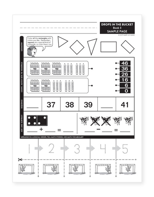 Second sample page from MH-2003E Digital Drops in the Bucket Math Book 3 showing printable math worksheets with story problems, writing equations, logical sequencing, counting by ones and tens, and early problem-solving practice.