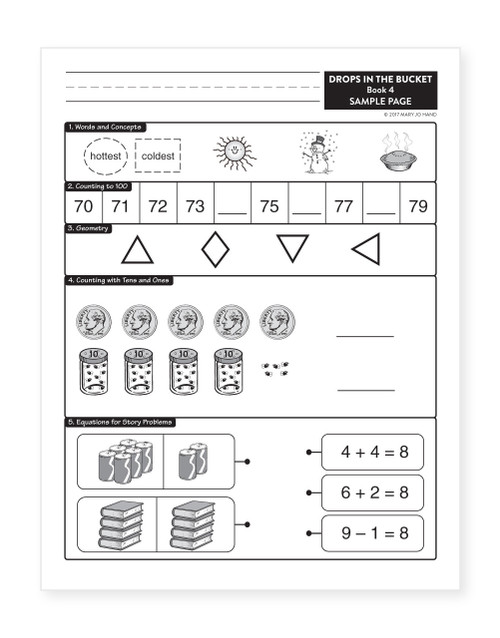 Sample page from Kindergarten–1st Grade Digital Drops in the Bucket Math Book 4 featuring counting, numbers to 100, place value, addition, subtraction, and number sense activities.