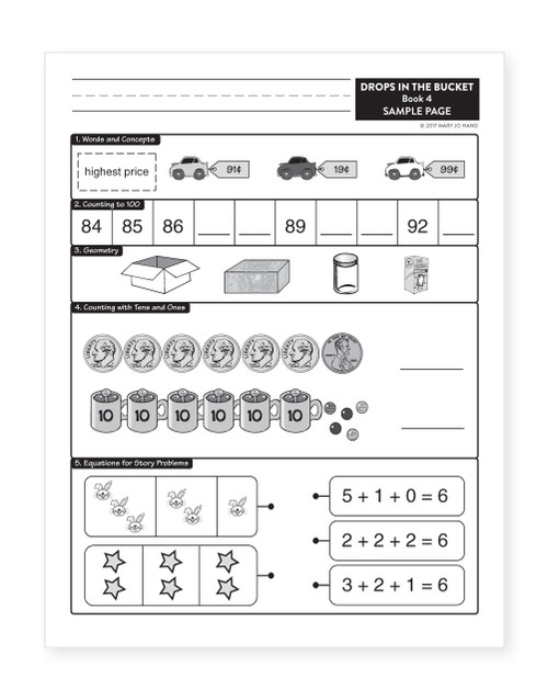 Sample page from Kindergarten–1st Grade Digital Drops in the Bucket Math Book 4 featuring equations, geometry, math vocabulary, problem-solving, and early math concepts.