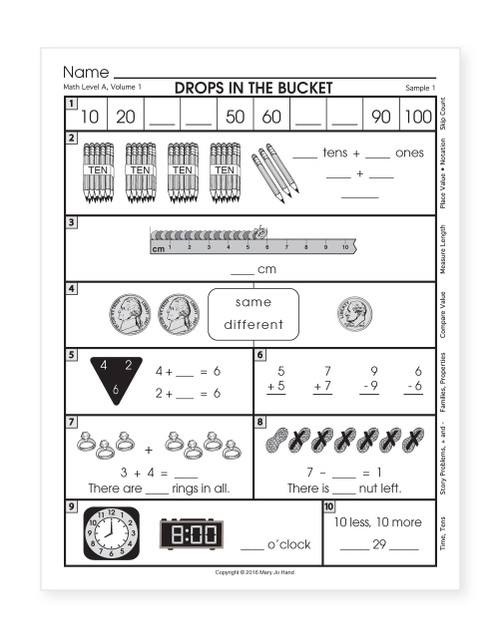 Sample page from 1st Grade Digital Drops in the Bucket Math Book 5 featuring daily review activities for skip counting, place value, comparing numbers, measurement, and addition.
